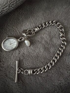 J. Jill Silver-Tone Toggle Chain Bracelet Watch with natural Pearl Charm